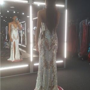 Primavera Couture Silver and Cream Sequin Gown